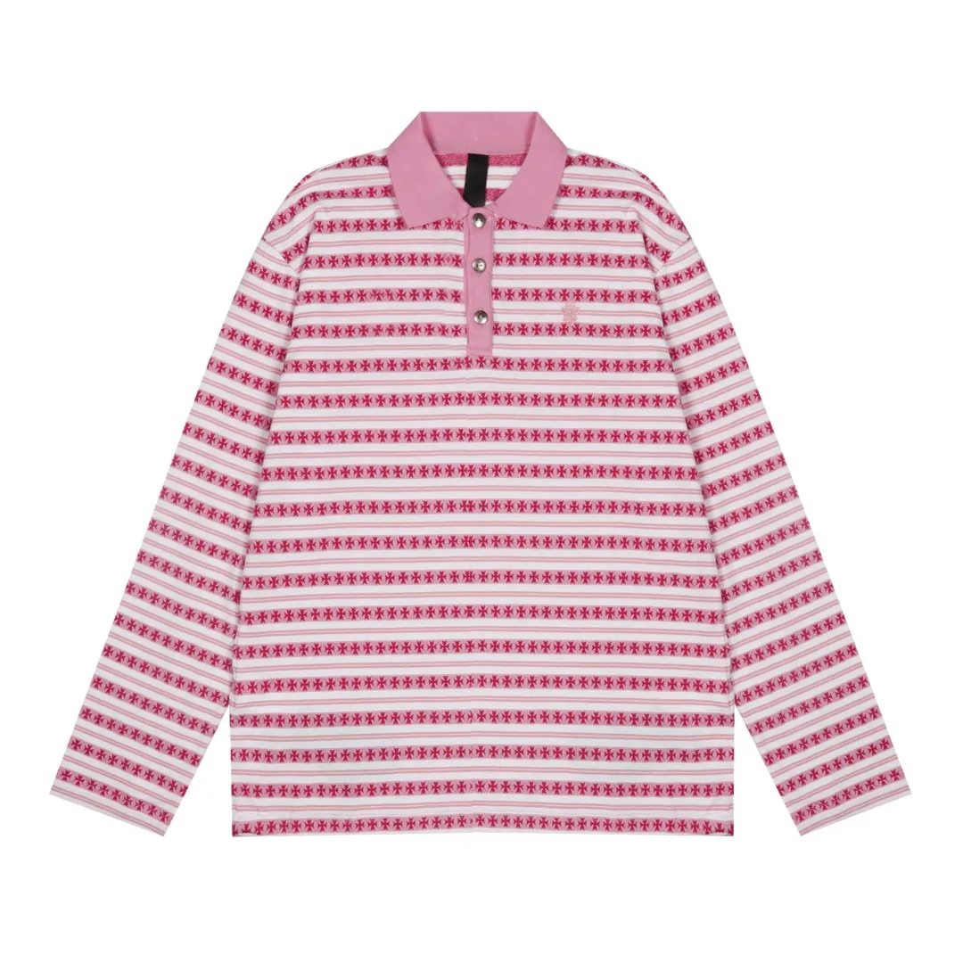 P210 White background picture [Popular item] Code: 25020# Color: Black/Pink/Blue Size: S to - CH Croix heart niche design cross jacquard striped long sleeves brings striped Polo to Next Levels. Loose fit. Same style for men and women. Lazy and casual. Street style. Three colors. Customized style.